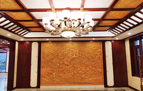 丰县中式别墅客厅中式木作横梁吊顶装饰展示