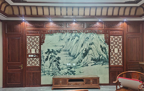 丰县中式仿古别墅客厅背景墙花格木作装饰